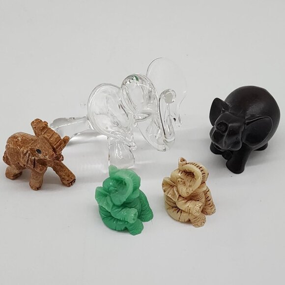 Set Of 5 Small Elephant Figurines In Various Materials & Colors Stone Glass & Re - Picture 1 of 7